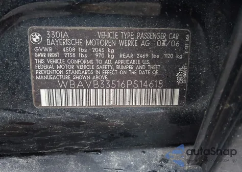 2006 BMW 330I z USA, uszkodzony, nr VIN WBAVB33516PS14615